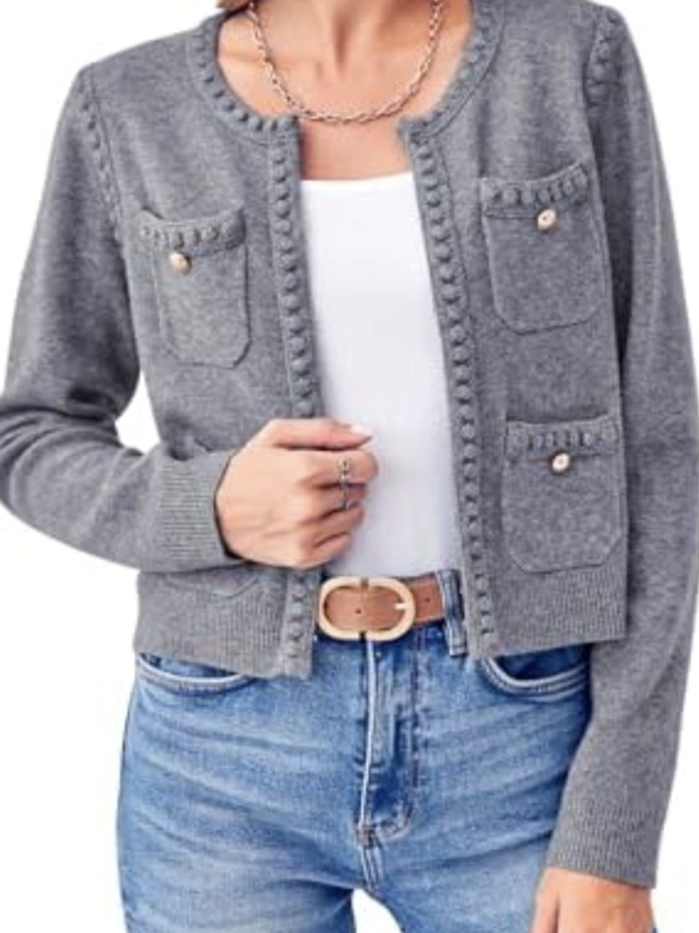 Women's Gray Knit Pocket Cardigan - Classic Open Front